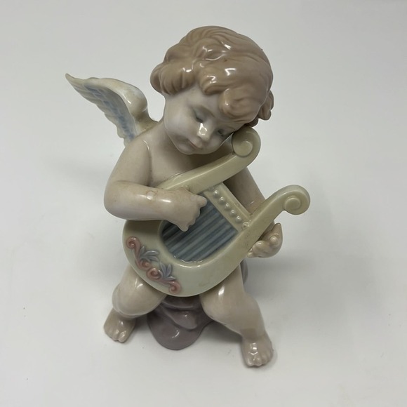 Lladro #6628 Adagio Angel Cherub Playing Harp Porcelain Figurine - Picture 2 of 6